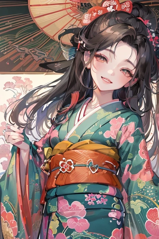 A beautiful woman smiles and shows her upper white teeth、Vividly colored Japanese Ukiyo-e style illustrations、SeaArt creates stunning illustrations of beautiful women in kimono、Brown-black long hair、Beautiful full body style、Beautiful digital illustrations,、Beautiful digital painting, Bright and vivid anime CG art, Detailed digital anime art,  Beautiful anime portraits