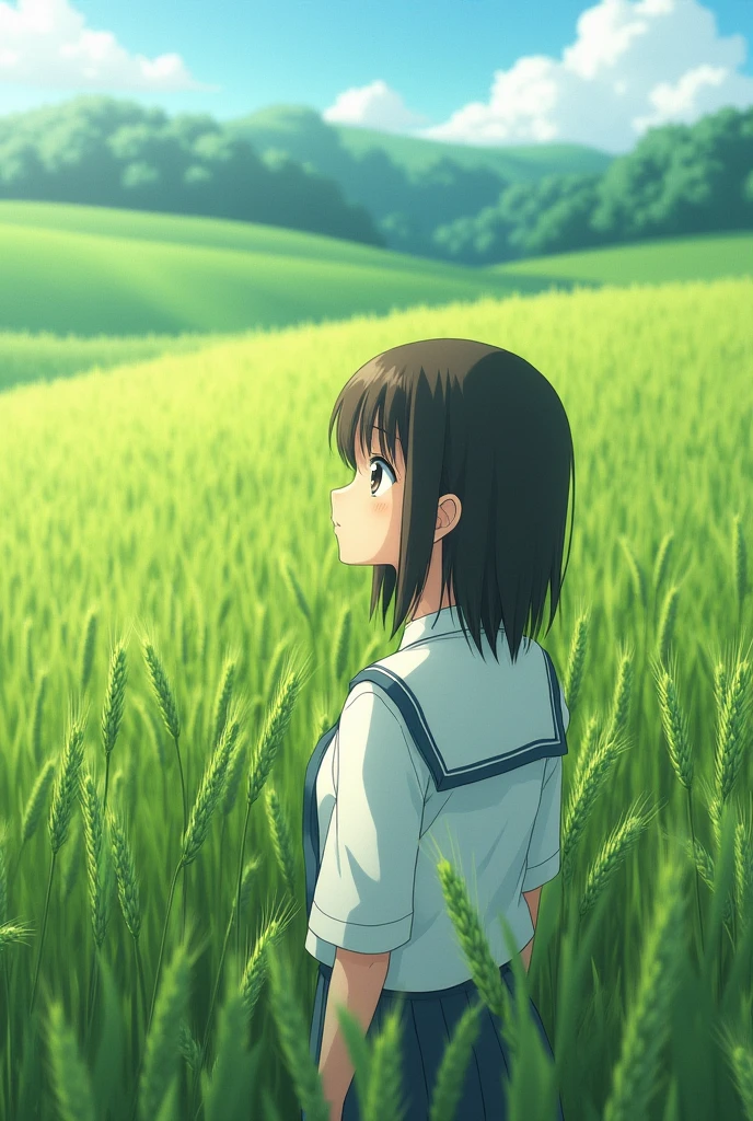 Japanese high school students,A girl,Wearing a white school uniform top,Green wheat fields,Reality,Realistic Photography,Fuji filter style、