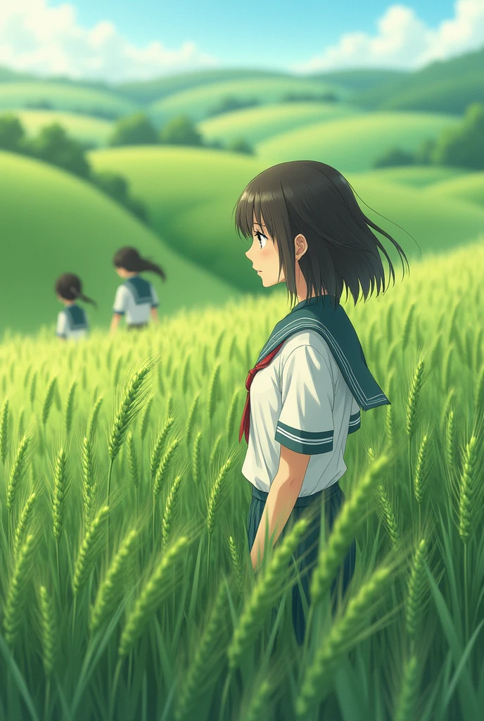 Japanese high school students,A girl,Wearing a white school uniform top,Green wheat fields,Reality,Realistic Photography,Fuji filter style、