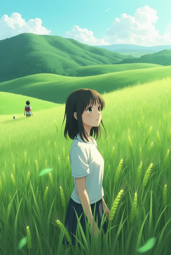 Japanese high school students,A girl,Wearing a white school uniform top,Green wheat fields,Reality,Realistic Photography,Fuji filter style、