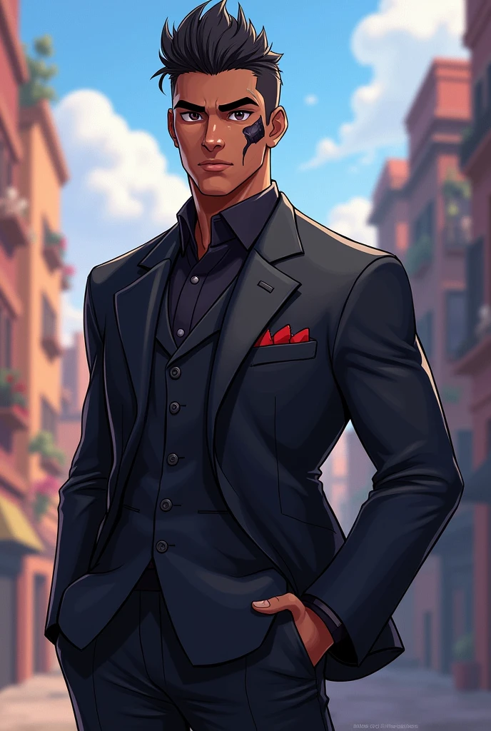 Description by Braxel Hiroshi:
AGE: 20 years old Dark Skin Face:
A prominent scar over the right eye.
Another scar just above the left eyebrow.
a scar on the left cheek.
CLOTHES:
dress suit: black color, elegant and fitted.
Suit Details: Custom fit, with a two-button jacket and matching trousers. The suit should have a modern and polished cut..
Expression: The face should show determination and strength., reflecting scars as marks of experience and struggle.
With the style of Brawl Stars