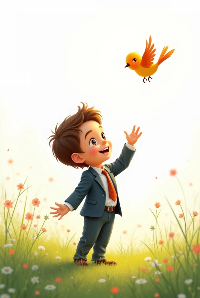 white background,best quality,little smart boy,wearing smart suit,standing on grass,look at the little bird,raising his hands to the little bird,cute beautiful little bird flying,cute boy smiling