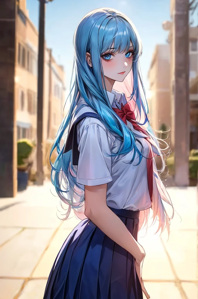 anime girl, (school uniform:1.4), (schoolyard:1.2), beautiful woman with detailed make-up, detailed eyes, detailed symmetric face, messy hair, masterpiece, extremely detailed, amazing, fine detail, looking at the viewer, ((Light blue hair:1.4)), (long hair:1.8), high quality, sharp focus, Best quality, masterpiece,  1girl, shiny skin, Best quality, masterpiece, 1girl, shiny skin, Gorgeous 22-year-old girl, bangs, soft pale skin, Blue eyes