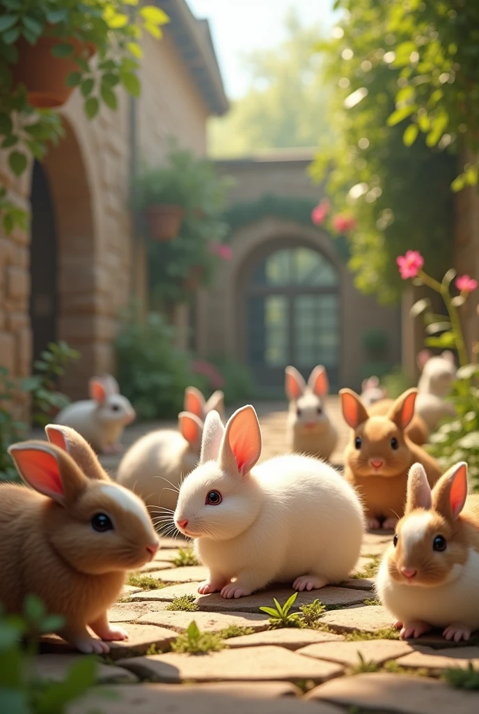 The courtyard is full of rabbits and guinea pigs