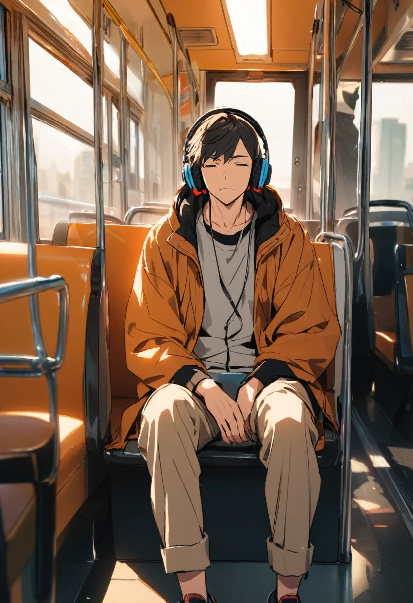 Boy wearing headphones sitting on the bus