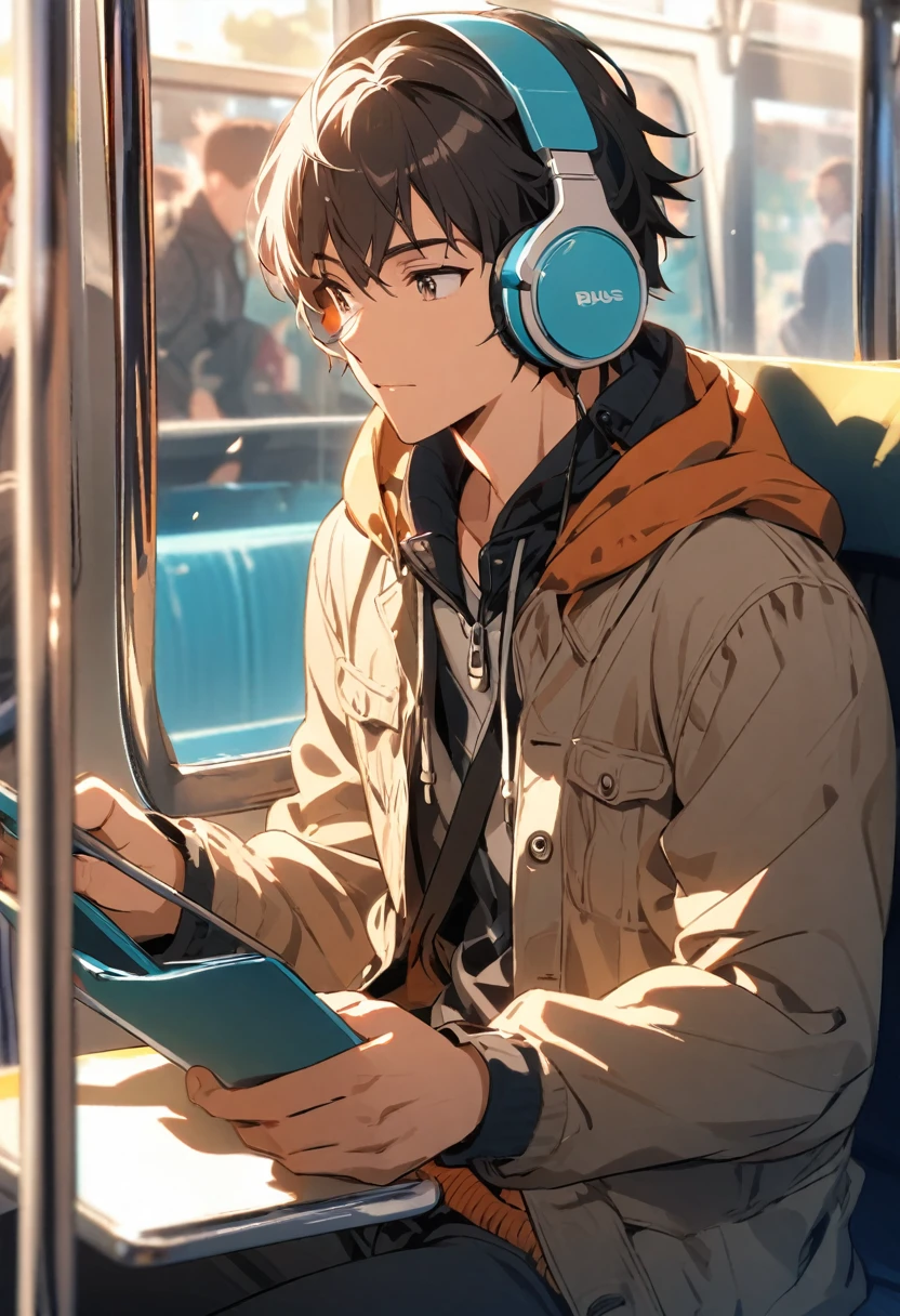 Boy wearing headphones sitting on the bus