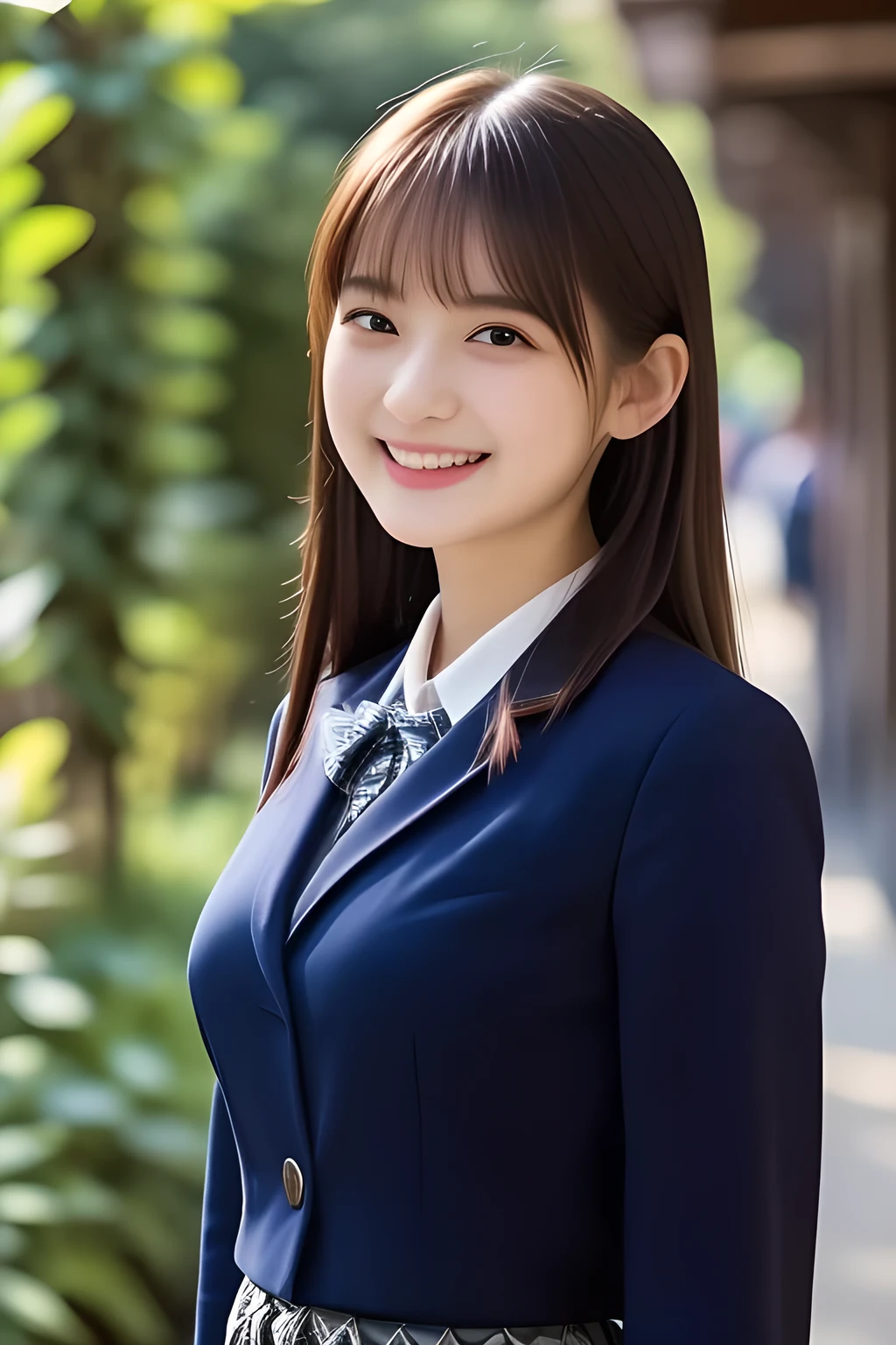 (highest quality, masterpiece, high resolution:1.2), 4K, (Photo quality well detailed white white white face: 1.2), geometry, ( yo cute girly Japanese sensitive weak girl with very detailed graceful cute smiling face is turning to me and looking at me: 1.5), Laughing cutely, (Japanese school girly navy-colored blazer uniform: 1.4), (blue dark blue blue expensive pleated checkered school skirt inside the blazer: 1.6), (big sharp breast: 1.3), (Dark red glossy school ribbon on the breast: 1.0), (Extremely laughing cheeks: 1.0), (Beautiful pretty large laughing cute cute cute chh childisghing cutely laughing eyes with detailed and balanced well: 1.4), (Double eyelids: 1.0), (Long bottom eyelashes: 1.2), (Glossy very wet lips: 1.0), (Super-straight hair, extremely very long hair which reaches her waist: 1.3),  (A warm light shines over her face and entire body.、Her beautiful face is captured in vivid white light.: 1.0)