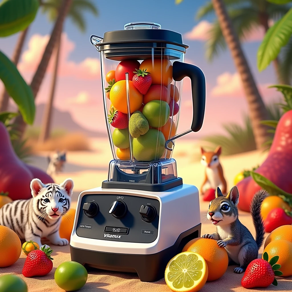 "Vibrant, Sunny beach scene、Featuring fashionable and trendy juicers, Blender, Slim, Vertical Vitamix Blender. Images are realistically rendered in 8K high resolution. The beach is littered with a variety of colorful fruits. Mini Characters, Including White Tiger Cub, kitten, And two baby squirrels, Playfully placed on the sand, Away from Vitamix. The overall atmosphere is vibrant.、It captures the essence of a bright summer day., The stylish Vitamix mixer stands out as a central element."
