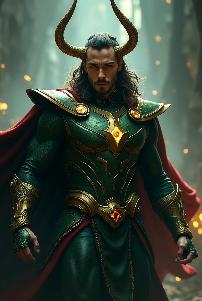 a dashing superhero loki, mischievous god of tricks, dynamic action pose, intricate armor, flowing cape, piercing green eyes, detailed facial features, dramatic lighting, cinematic composition, moody dark fantasy atmosphere, vibrant colors, epic fantasy art, digital painting, 8k, photorealistic, masterpiece