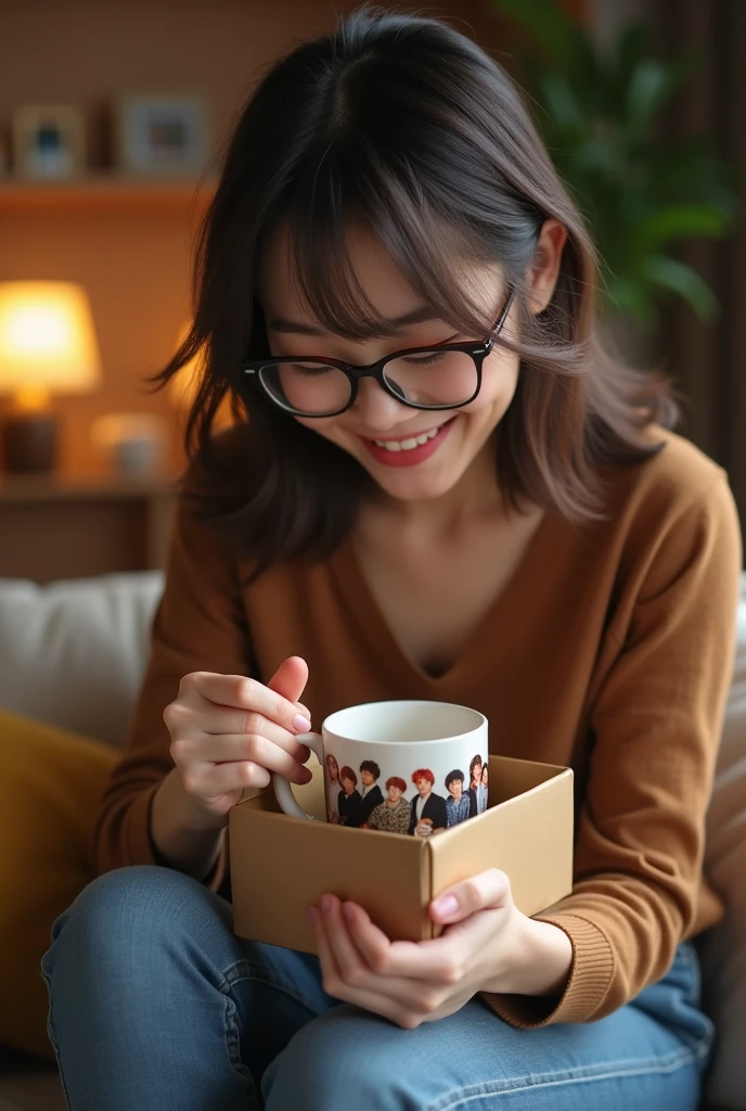 The woman went home and opened her small gift box and found a coffee mug with pictures of BTS band members printed on it. The woman was very happy to see this. The woman is wearing a brown top, jeans and glasses.