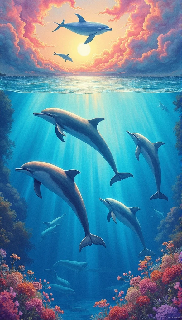 Painting of a pod of dolphins swimming in colorful ocean, Look up at the composition,sky whales, Inspired by Cyril Rolando, dreamy psychedelic anime, colorful anime movie background, A beautiful artwork illustration, author:Shitao, colorful concept art, Makoto Shinkai Cyril Rolando, In the style of Cyril Rolando, flying whale, Highly detailed watercolor 8K, highly detailed water colour 8 k,octane,Fine,Realistic,8K,Estilo de Makoto Shinkai( reasonable design, Clear lines, High sharpness,Best quality, Very detailed, Masterpiece, movie light effect, 4K )