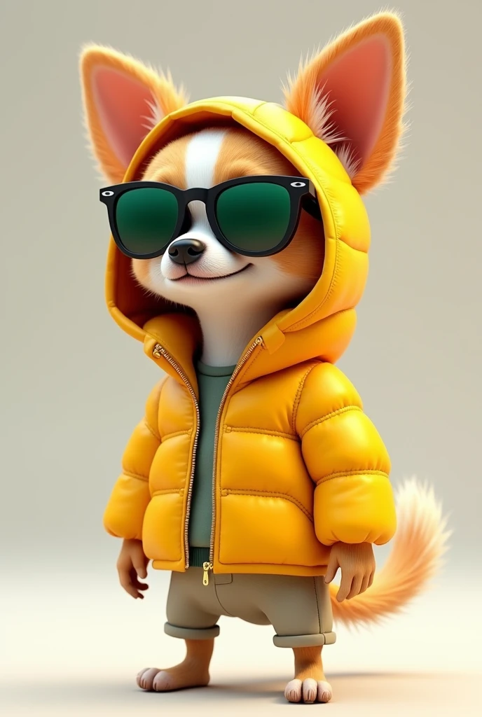 An antropomorphic chihuahua wearing a yellow down jacket with hoodie, put in green oakley glasses, 3d render