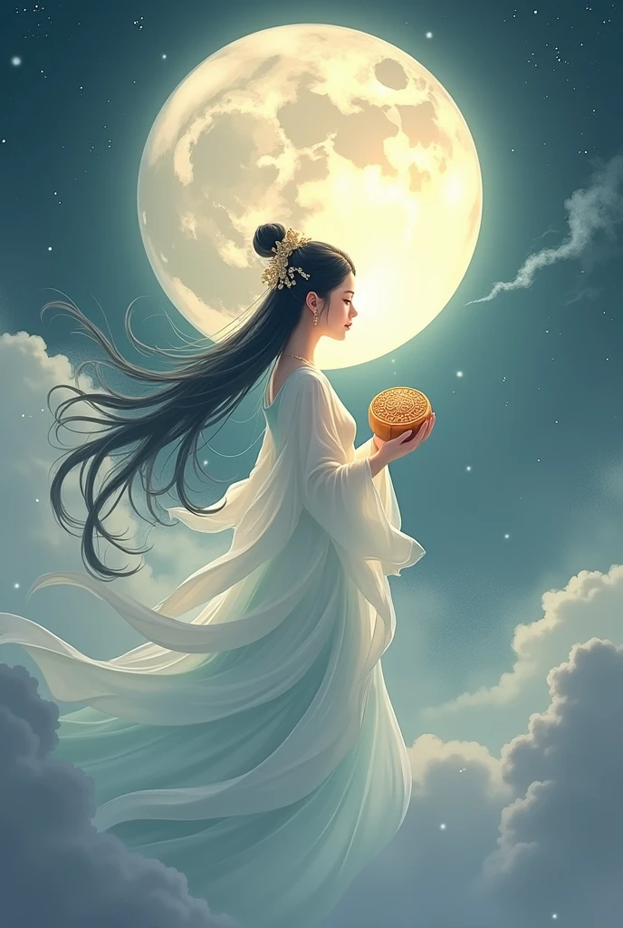 Chinese painting style，Chang'e fairy，Flying Moon，moon cake