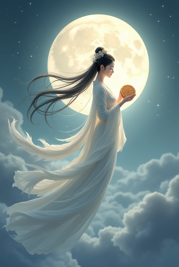 Chinese painting style,Chang'e fairy,Flying Moon,moon cake