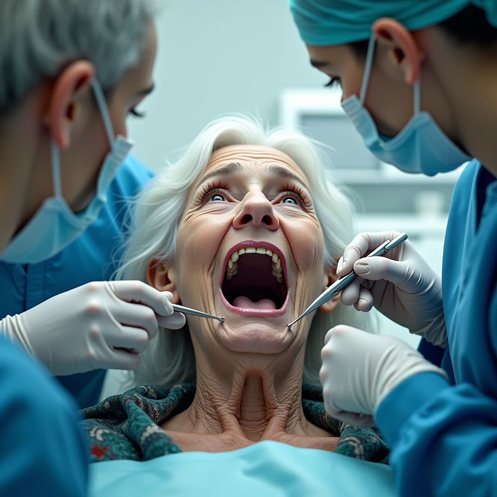 a old lady ,getting dental implants(mouth open),in a hospital