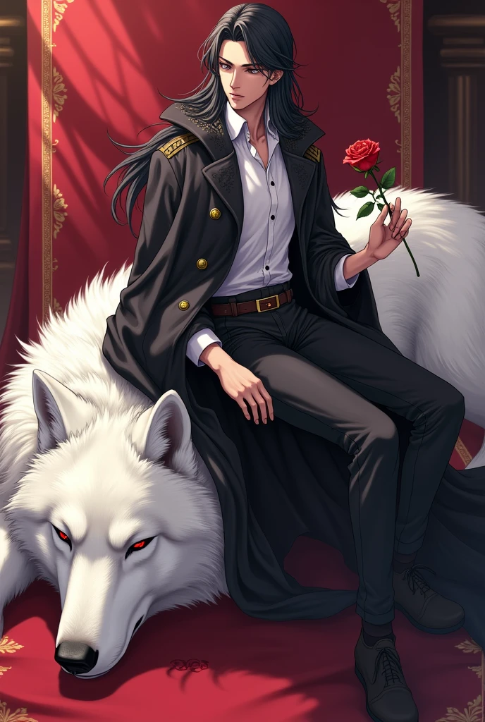 A young man, around 1, with a tall and slender build, well-toned muscles, and a perfectly proportioned body. He has a beautifully shaped, slender face with soft, light pink lips that are delicately curved. His nose is well-defined and sharp, and his piercing red eyes, with double eyelids, exude a cold and intimidating aura. His complexion is fair and smooth, and his thick, jet-black hair is casually tucked behind his ears.
He is dressed in a long, pitch-black cloak adorned with lace that gives him a refined and elegant appearance. His demeanor and posture suggest that he is of noble birth.
In his hand, he holds a vibrant red rose that contrasts strikingly with his attire. He sits atop an enormous white wolf with fluffy fur, which is peacefully sleeping on a luxurious thick red carpet trimmed with gold, adding to the overall grandeur of the scene. Anime style long hair
