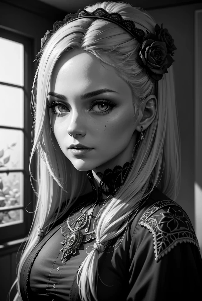 photorealistic gothic female portrait, high detail black line art, adult coloring book, female character with attitude, intricate detailed nature scene, black and white linework, no color or shading, best quality, 4k, 8k, highres, masterpiece:1.2, ultra-detailed, realistic, photorealistic, photo-realistic:1.37, HDR, UHD, studio lighting, ultra-fine painting, sharp focus, physically-based rendering, extreme detail description, professional, vivid colors, bokeh