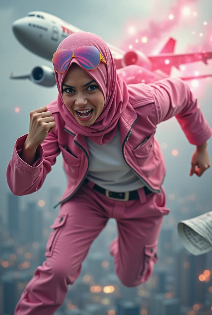Malaysia women a realistic masterpiece. Human .wear pink watch.. 1girl wearing a hijab.  detailed beautiful face, Hijab Muslim. Wear long sleeve moder design mixed sew pink white loose size. Small detail , honeycomb suit. Pink cargo pant.. . anger face, minimalist flower on shirt. . anger face. Open mouth. Glowing power pink. Fly high beside aeroplane. Wear pink white. Wear small Safety Pink yellow glasses google spectacle top on head. . Age 20 year old. Flying position. Fast fly. Panning effect Photography . Flying high hand under aeroplane have a super strong power.. punch . Fight pose. Bokeh background. fist front.. At the city. Bad waether. , detailed lips, long eyelashes. Hero, modest expression, delicate facial features, natural skin tones, , detailed folds and textures of hijab, natural lighting, high quality, photorealistic, 8k, best quality. Malaysia girl. Floating newspaper. ). . . Braces teeth. Boleh background. Panning effect. Fast flying.