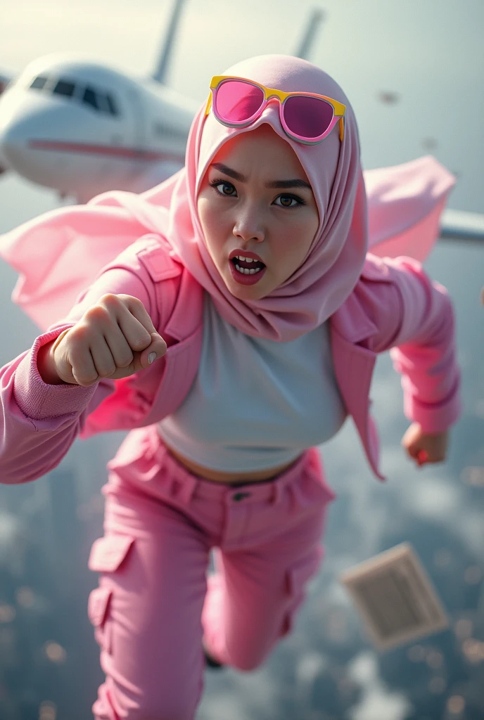 Malaysia women a realistic masterpiece. Human .wear pink watch.. 1girl wearing a hijab.  detailed beautiful face, Hijab Muslim. Wear long sleeve moder design mixed sew pink white loose size. Small detail , honeycomb suit. Pink cargo pant.. . anger face, minimalist flower on shirt. . anger face. Open mouth. Glowing power pink. Fly high beside aeroplane. Wear pink white. Wear small Safety Pink yellow glasses google spectacle top on head. . Age 20 year old. Flying position. Fast fly. Panning effect Photography . Flying high hand under aeroplane have a super strong power.. punch . Fight pose. Bokeh background. fist front.. At the city. Bad waether. , detailed lips, long eyelashes. Hero, modest expression, delicate facial features, natural skin tones, , detailed folds and textures of hijab, natural lighting, high quality, photorealistic, 8k, best quality. Malaysia girl. Floating newspaper. ). . . Braces teeth. Boleh background. Panning effect. Fast flying.