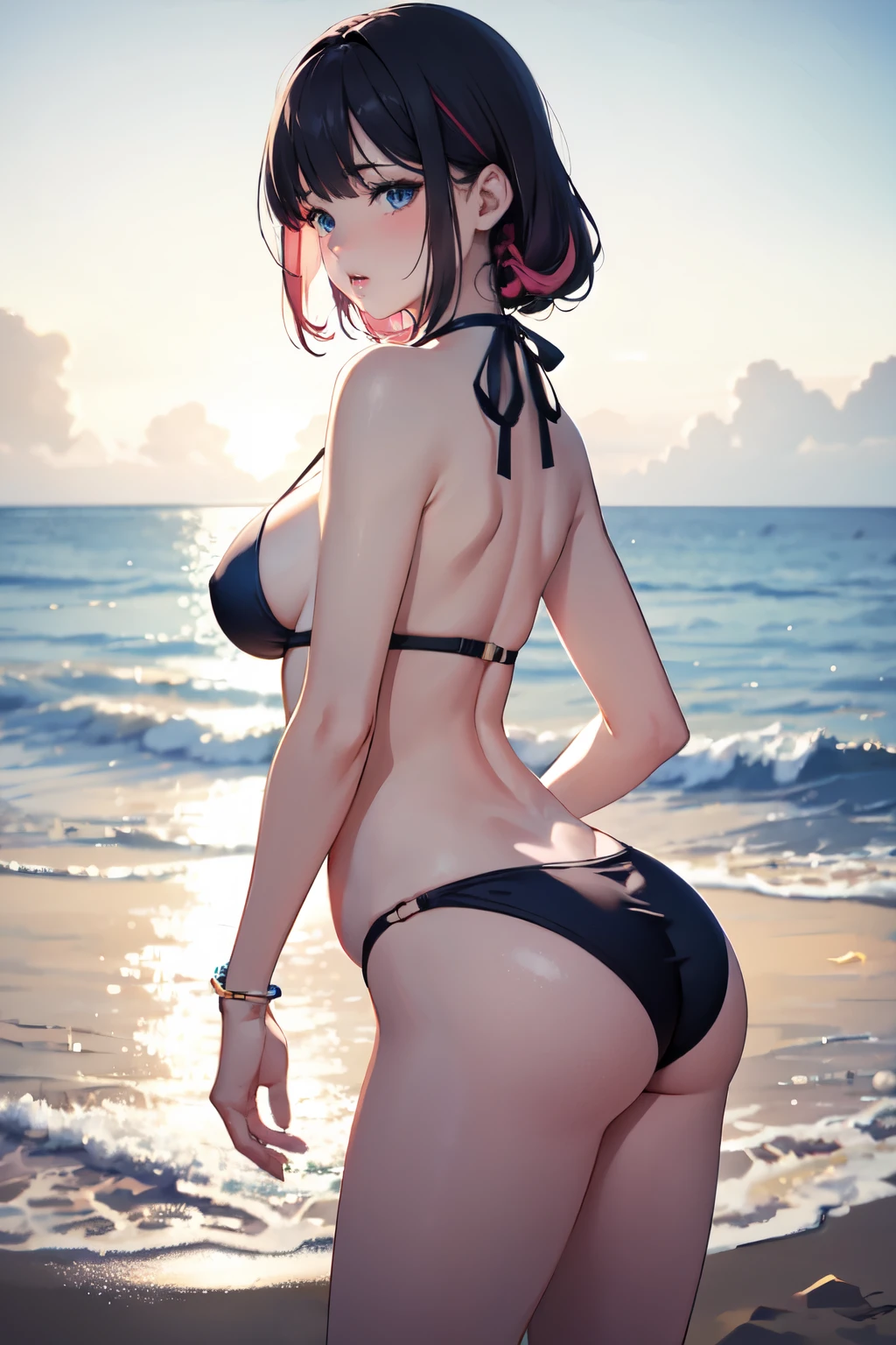 (masterpiece:1.2, high quality), (Pixiv:1.4), (One person:1.2), (alone:1.2), (Smooth:1.2), (Nakano Nino), (have confidence), A little blush, Glossy Lips, Crystal Blue Eyes, Black eyeshadow, Pale skin, Pink Hair, bangs, bangs over eyes, clavicle, String Bikini, String, Hair Ribbon, Sexy Outfits, (Perfect round ass:1.2), (Subjective view of thighs), I had already finished, Beach outfit, View from below, Rear view, Recall, Narrow waist, Super detailed, Soft lighting, High Contrast, (Blurred_background:1.2), highly concentrated face, (Detailed face), Essential Details, Vibrant colors, High resolution, 4K, Beautiful outdoors, Beach, (Ocean view), sunny day, Beach volleyball, (sand), Pebble