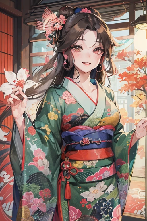 A beautiful woman smiles and shows her upper white teeth、Vividly colored Japanese Ukiyo-e style illustrations、(SeaArt creates stunning illustrations of beautiful women in kimono)、Brown-black long hair、Beautiful full body style、Let's dance a little Tokyo Ondo Yoiyoi、Beautiful digital painting,、Bright vibrant digital anime art、 Detailed digital anime art、 Beautiful anime portraits、background、Torii gate of a shrine in Kyoto, Japan、Detailed CG、
