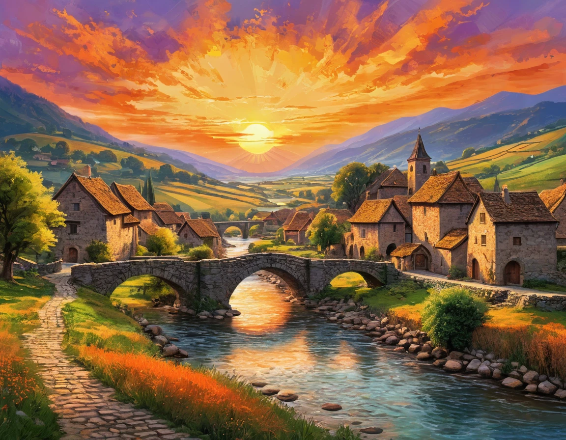 masterpiece,high resolution,best composition,medieval european countryside,beautiful sunset,breathtaking beauty,with farmer's hamlet,river flowing,stone bridge hanging,mountains in distance,orange tinted sky,
Imaginative and wonderful images created by ((Neo-Ink Impressionism)), vivid colors, crisp images.