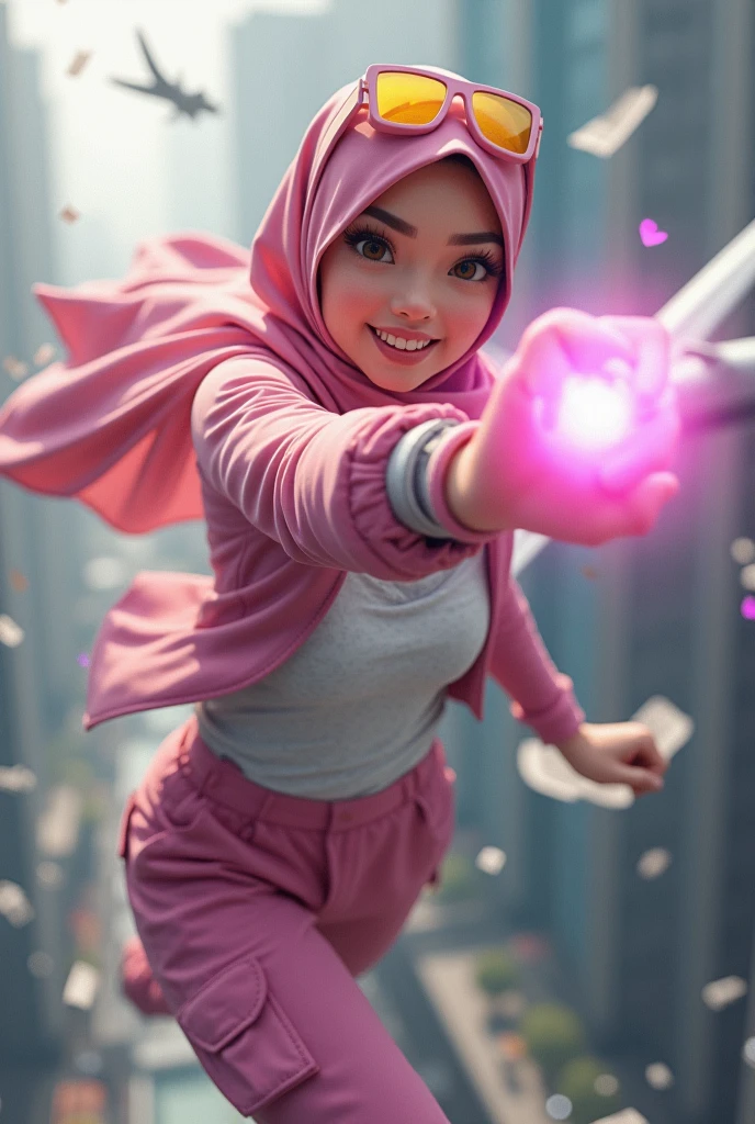 Malaysia women a realistic masterpiece. Human .wear pink watch.. 1girl wearing a hijab, detailed beautiful face, Hijab Muslim. Wear long sleeve moder design mixed sew pink white loose size. Small detail , honeycomb suit. Pink cargo pant.. . anger face, minimalist flower on shirt. . anger face. Open mouth. Glowing power pink. Fly high beside aeroplane. Wear pink white. Wear small Safety Pink yellow glasses google spectacle top on head. . Age 20 year old. Flying position. Fast fly. Panning effect Photography . Flying high hand under aeroplane have a super strong power.. punch . Fight pose. Bokeh background. fist front.. At the city. Bad waether. , detailed lips, long eyelashes. Hero, modest expression, delicate facial features, natural skin tones, , detailed folds and textures of hijab, natural lighting, high quality, photorealistic, 8k, best quality. Malaysia girl. Floating newspaper. ). . . Braces teeth. Boleh background. Panning effect. Fast flying.