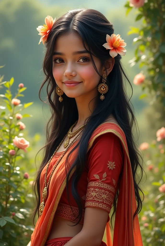 Cute lovely indian girl in ethnic wear. Create a realistic human picture 