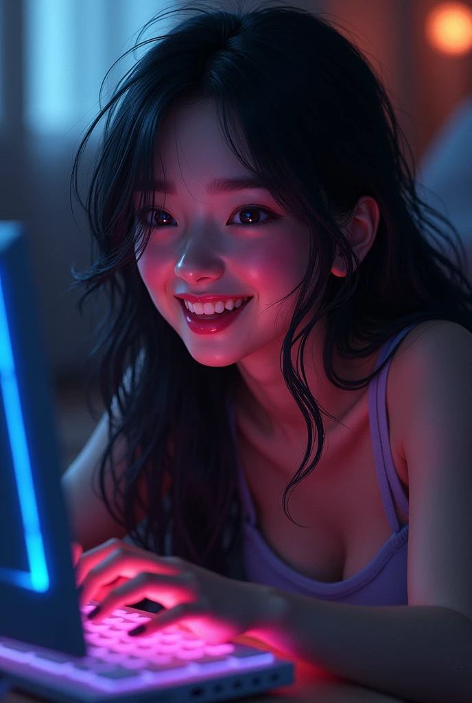 1 girl solo playing game computer black hairs lips laugh