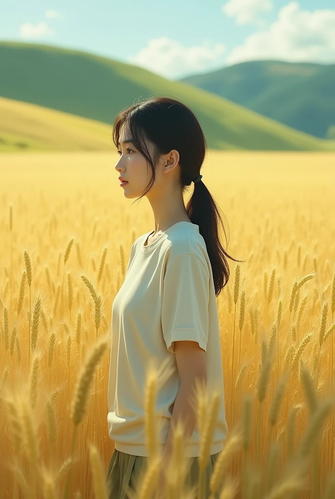 An Asian girl，Wearing a white school uniform top，Green wheat fields，Reality，Realistic Photography
