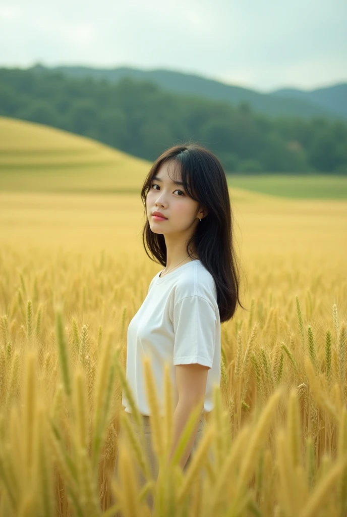 An Asian girl,Wearing a white school uniform top,Green wheat fields,Reality,Realistic Photography