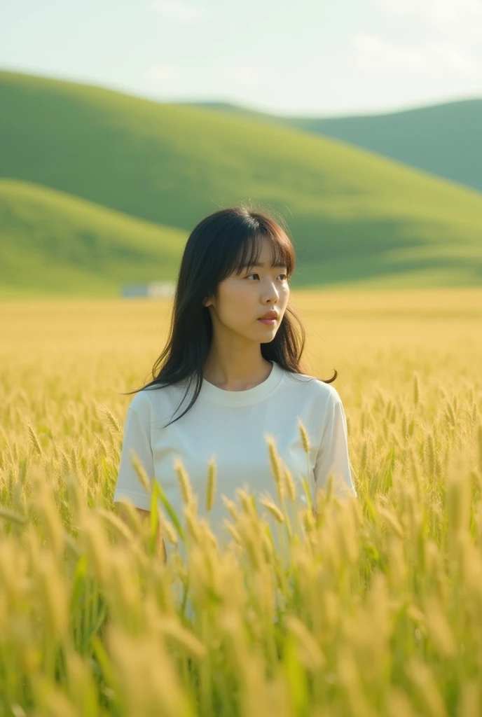 An Asian girl,Wearing a white school uniform top,Green wheat fields,Reality,Realistic Photography