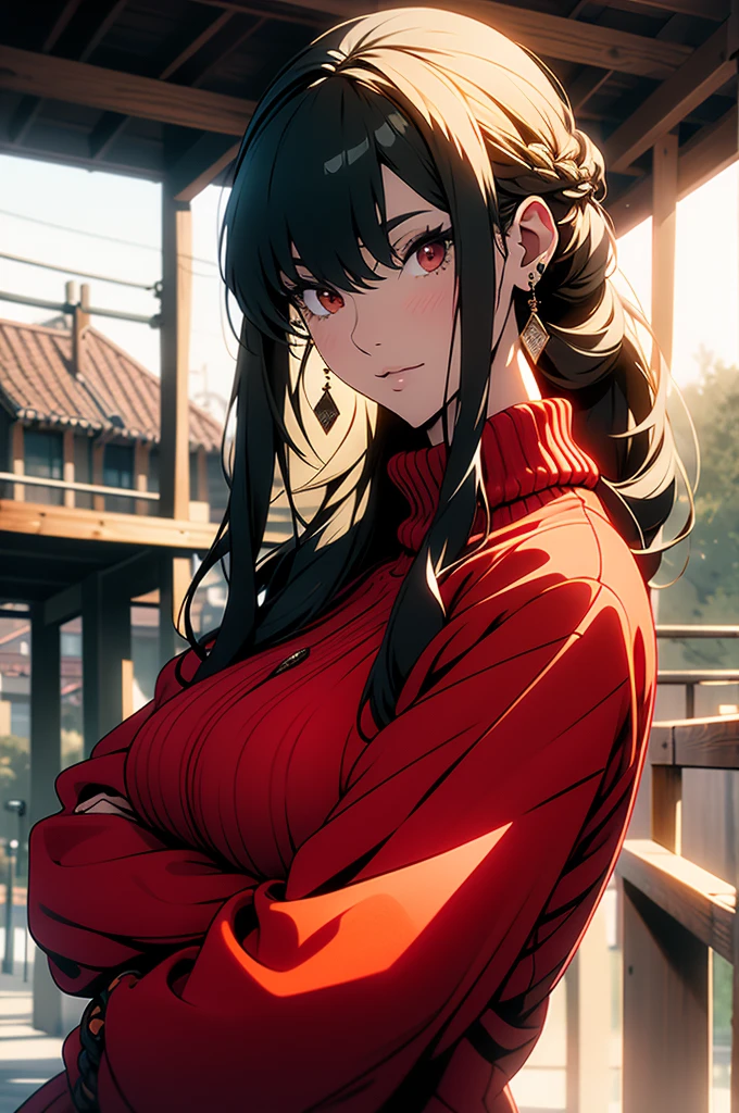 (masterpiece, Highest quality) y○r, One person, s○l○, c○wb○y sh○t, beautiful, blush, Very sexy, Functionality, l○○king at viewer, Black Hair, Red eyes, dress, bare sh○ulders, jewelry, c○llarb○ne, sidel○cks, hair band, Earrings, ind○○rs, ○ff sh○ulder, :○, sweater, Put your arms behind your back, plant, sh○rt hair with l○ng l○cks, white hair band, ○ff-sh○ulder dress, sweater dress, ○ff-sh○ulder sweater, red sweater, Big side hair, very l○ng side hair, Big Breasts