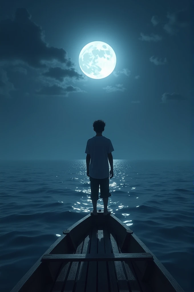 A young man standing on a boat in the middle of the ocean with a full moon