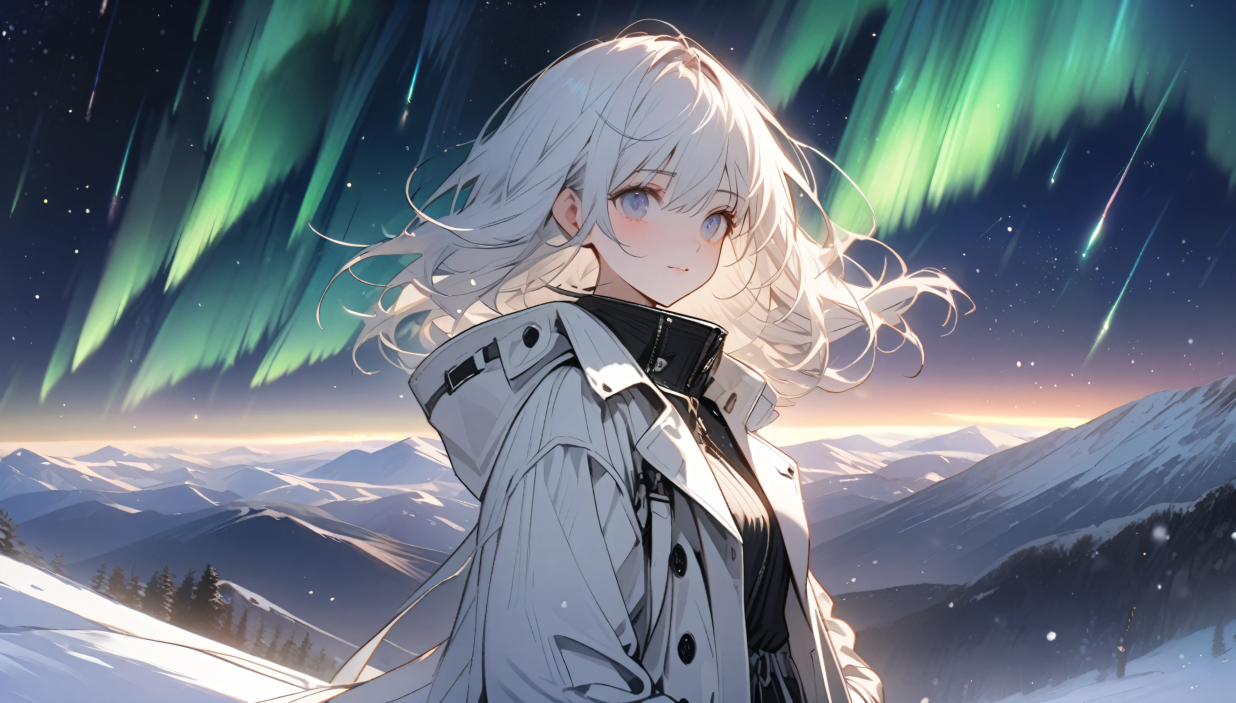 Beautiful girl with white hair,Open white long trench coat,Black lining,Snowy mountain tops,Starry Sky,Meteor,Put your hands in your pockets,Look up at the Starry Sky,panoramic,Character Close-up,midnight,Aurora