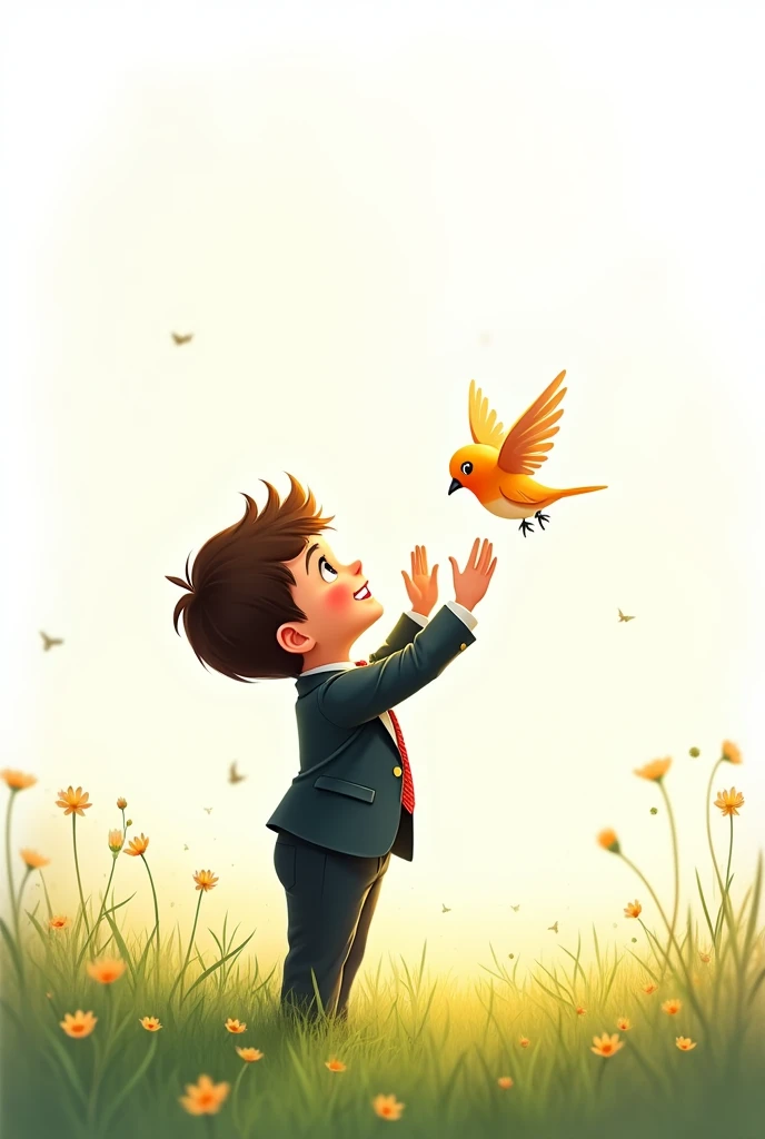 white background,best quality,little smart boy,wearing smart suit,standing on grass,look at the little bird,raising his hands to the little bird,cute beautiful little bird flying,cute boy smiling