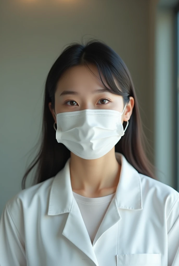 Japanese women、Chubby body、With a shy look、Deep-set eyelids、(Indoor background:1.1)、Droopy eyes、Natural Makeup、Wearing a white medical mask、Around 2、Dental hygienist