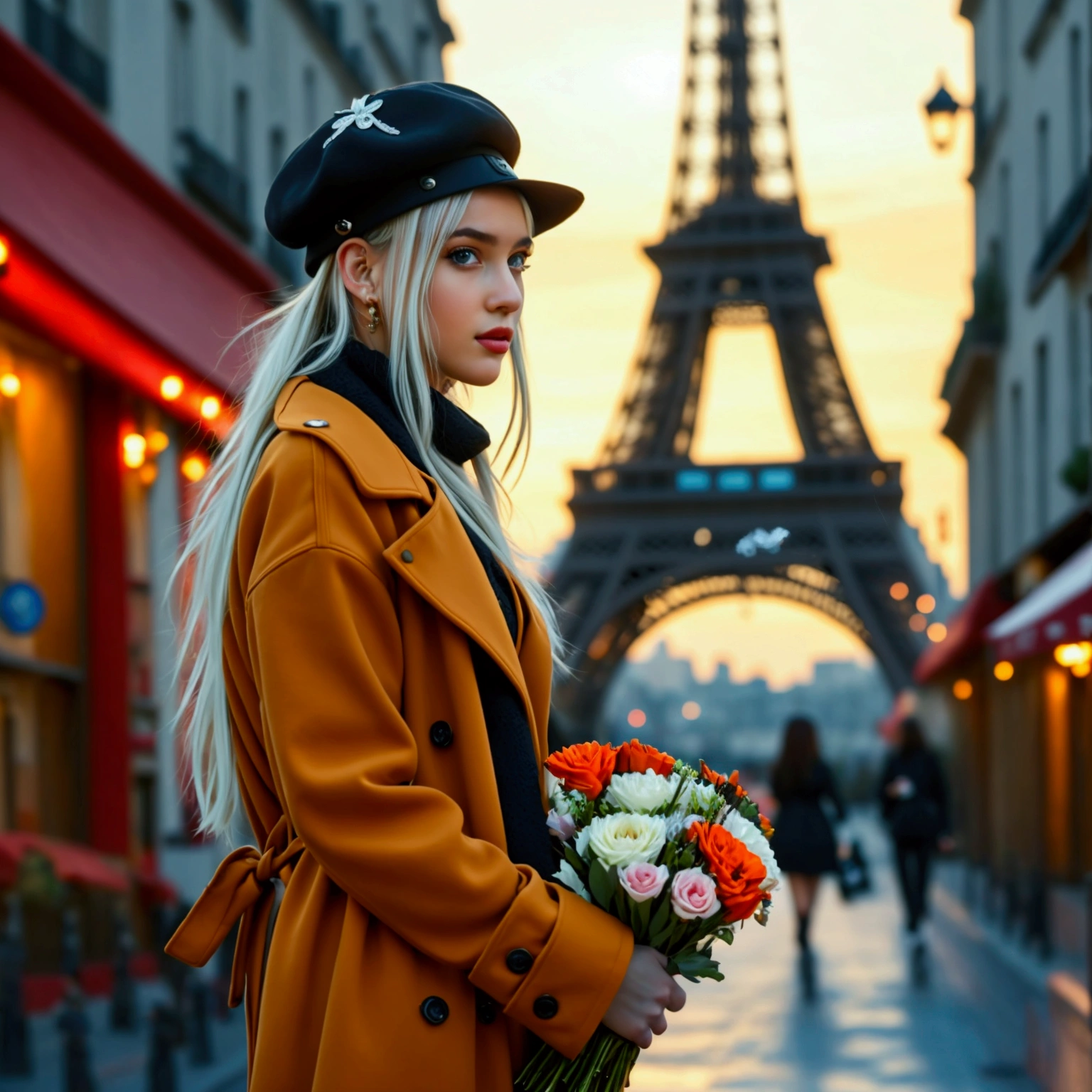 A 19-year-old woman standing on a street in Paris with the Eiffel Tower in the background, dressed in a chic streetwear outfit with a beret, oversized coat, and fitted trousers. She’s holding a small bouquet of flowers, with the Eiffel Tower adding a romantic Parisian touch to the scene