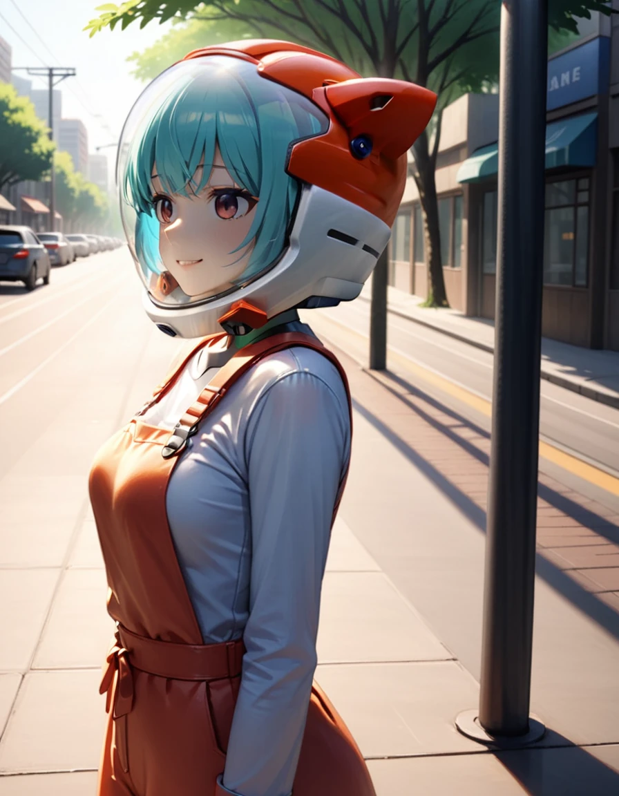 , space helmet ,girl s, 1girl,solo,smile,(short light  hair:1.3),standing as a tram passes by in the background of a morning cityscape the tracks beside her, casting soft shadows in the soft morning light. The city should be waking up, with soft light illuminating the buildings, streets and trees. The overall mood should be calm and serene, capturing the peacefulness of the morning in a bustling city,, ,,red helmet, space helme, cat ears, red helmet, from side
