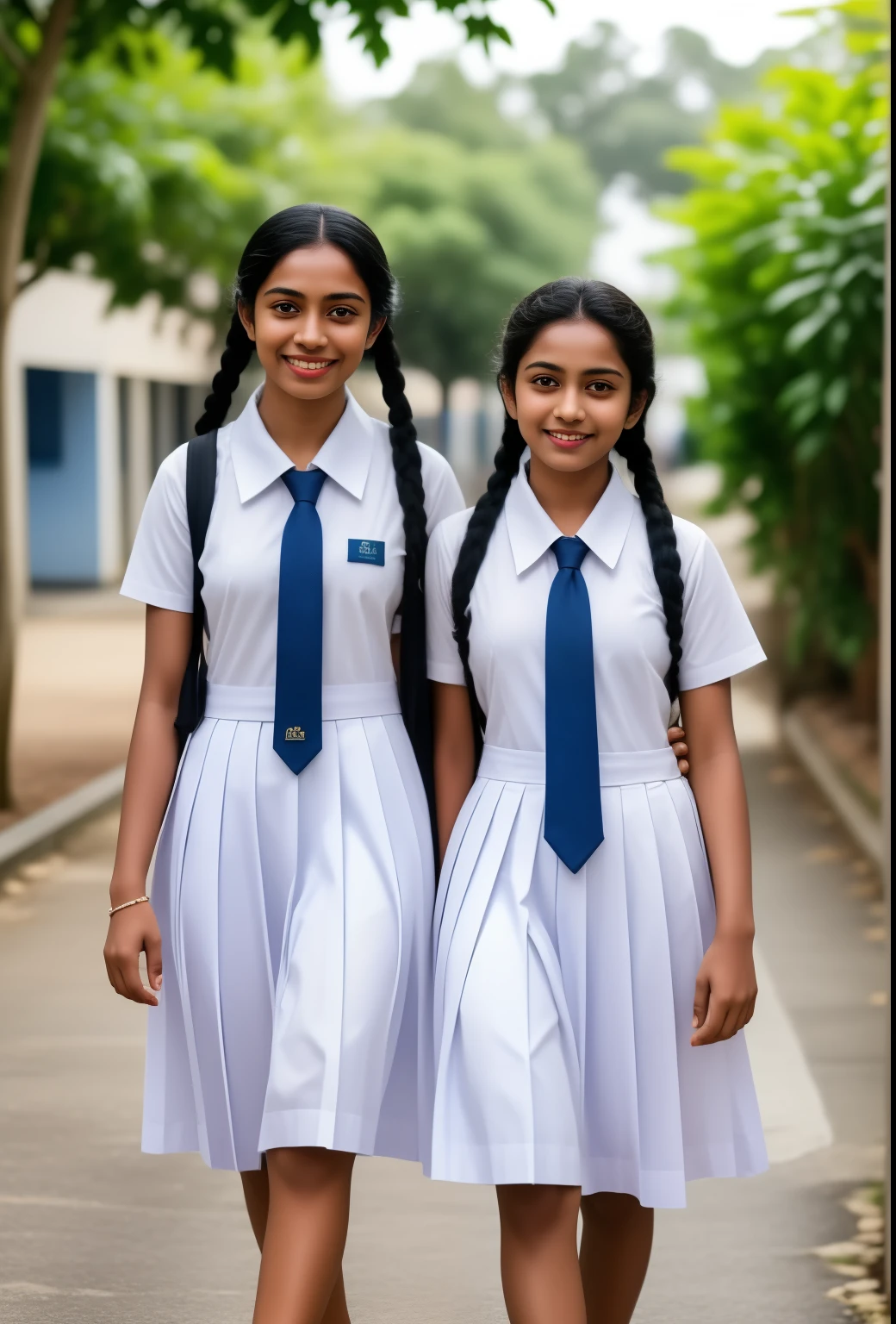 Raw photo, two beautiful Sri Lankan girls, with plaited hair, both coming towards the camera in a school walkway in a joyful happy mood, wearing white frocks and blue color ties, white shoes, with school backpacks, professional photographer, (hdr:1.4), masterpiece, ultra-realistic 8k, perfect artwork, intricate details, cute face, award winning photograph, (Best quality, 8k, 32k, Masterpiece, UHD:1.3)