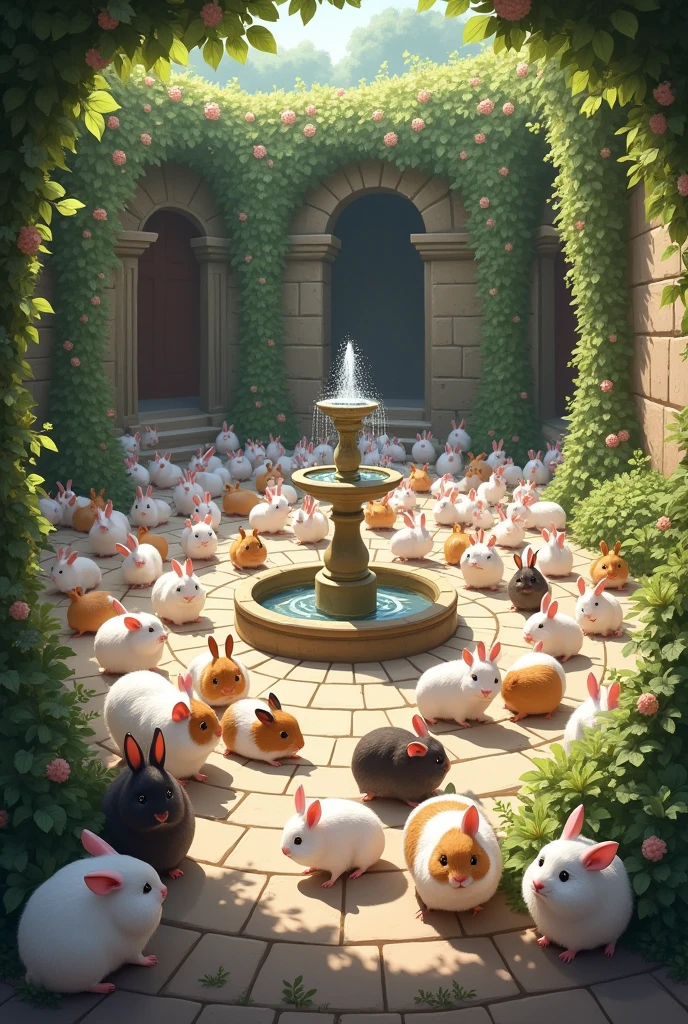 The small courtyard is filled with thousands of rabbits and guinea pigs