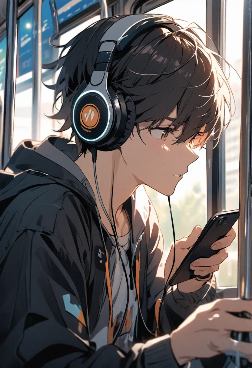 A boy wearing in-ear headphones and playing with his phone on the bus