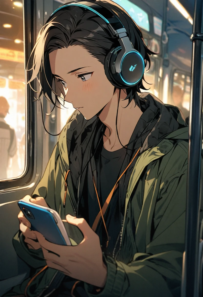 A boy wearing in-ear headphones and playing with his phone on the bus