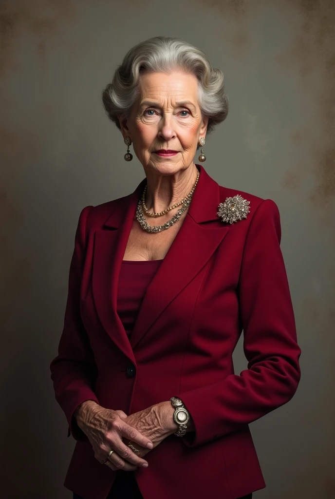 A Portrait of a 70 Year Old Queen in modern formal attire and without no crown
