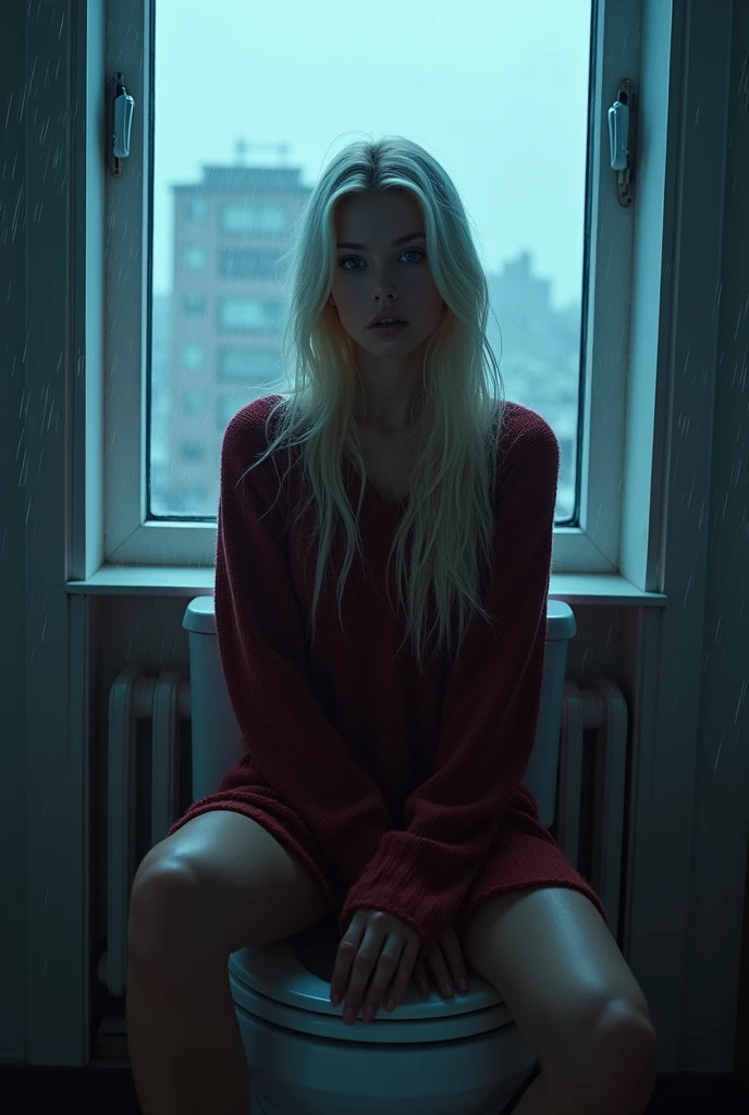 Masterpiece, (((full figure supermodel visible full body shot))), (((magical lighting action shot))) (((beautiful fit pale smiling Grey eyes goddess Ukraine woman sitting on toilet seat in front of window sill surrounded in rain heaven vast fantasy landscape))) ((city of kyiv Ukraine)), (((red burgundy sweater dress, looking into the camera))) , ((( blonde hair, accurate hands accurate eyes))) moody lighting, blue hour, blue colors, very detailed, dramatic lighting, digital art trending on Artstation 8k HD high definition detailed realistic, detailed, skin texture, hyper detailed, realistic skin texture, armature, best quality, ultra high res, (photorealistic:1.4), high resolution, detailed, raw photo, sharp re, nikon d850 film stock photograph 4 kodak portra 400 camera f1.6 lens rich colors hyper realistic lifelike texture dramatic lighting unrealengine trending on artstation cinestill 800, (((accurate female anatomy, perfect eyes))) (((500px, fstoppers, photosight.ru, iso noise)))