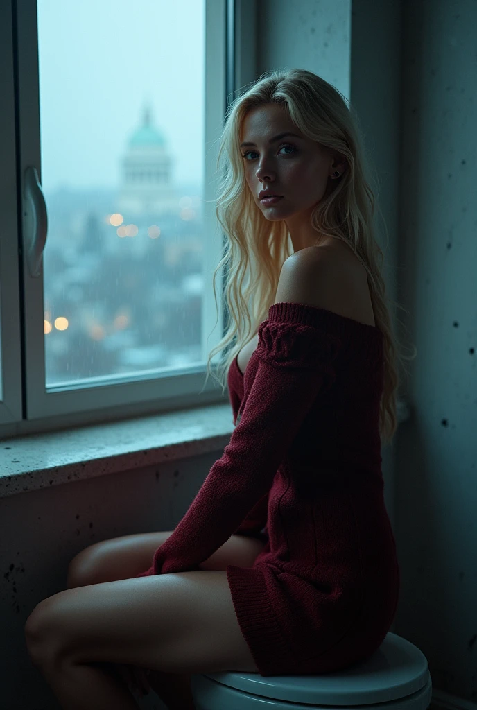 Masterpiece, (((full figure supermodel visible full body shot))), (((magical lighting action shot))) (((beautiful fit pale smiling Grey eyes goddess Ukraine woman sitting on toilet seat in front of window sill surrounded in rain heaven vast fantasy landscape)))  ((city of kyiv Ukraine)), (((red burgundy sweater dress, looking into the camera))) , ((( blonde hair, accurate hands accurate eyes))) moody lighting, blue hour, blue colors, very detailed, dramatic lighting, digital art trending on Artstation 8k HD high definition detailed realistic, detailed, skin texture, hyper detailed, realistic skin texture, armature, best quality, ultra high res, (photorealistic:1.4), high resolution, detailed, raw photo, sharp re, nikon d850 film stock photograph 4 kodak portra 400 camera f1.6 lens rich colors hyper realistic lifelike texture dramatic lighting unrealengine trending on artstation cinestill 800, (((accurate female anatomy, perfect eyes))) (((500px, fstoppers, photosight.ru, iso noise)))
