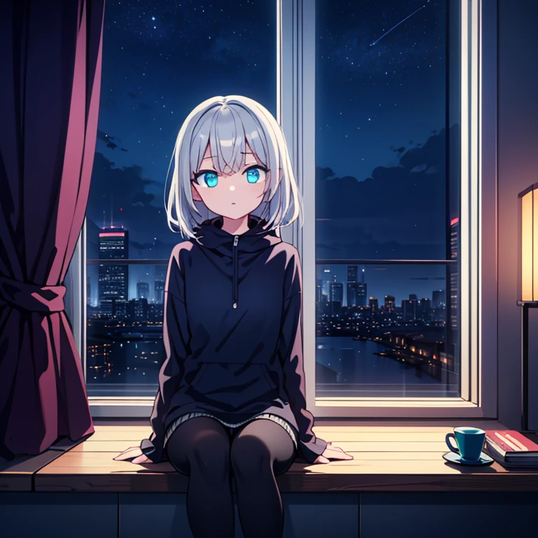 (masterpiece), best quality, turquoise eyes, light gray hair, expressive eyes, Hello, Sitting in a high-rise apartment room, night sky, cityscape, looking at viewer, city lights, window, highlight, dramatic lighting, Calm face,