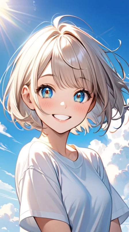 Ultra-realism"Cheerful young woman with short bob haircut, fair skin, and bright smile under a clear blue sky. She's wearing boyish clothes like a loose-fitting t-shirt or button-up shirt. Her expression is lively and cute, with sparkling eyes and a genuine grin. The background shows a sunny day with a few fluffy white clouds, creating a warm and positive atmosphere."