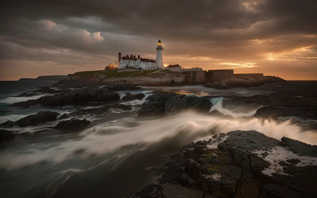 arafed photograph of a lighthouse on a rocky shore with a cloudy sky, Long-term contact photography, author:Alessandro Allori, Long-term contact time, author:Edwin Georgi, Long-term contact, lighthouse, Long-term contact shot, lighthouse, author:Eric Pevernagy, author Luca Zontini, author:Derek Zablocki, Rhode Island, author:Rob Alexander, author:Alexander Robertson