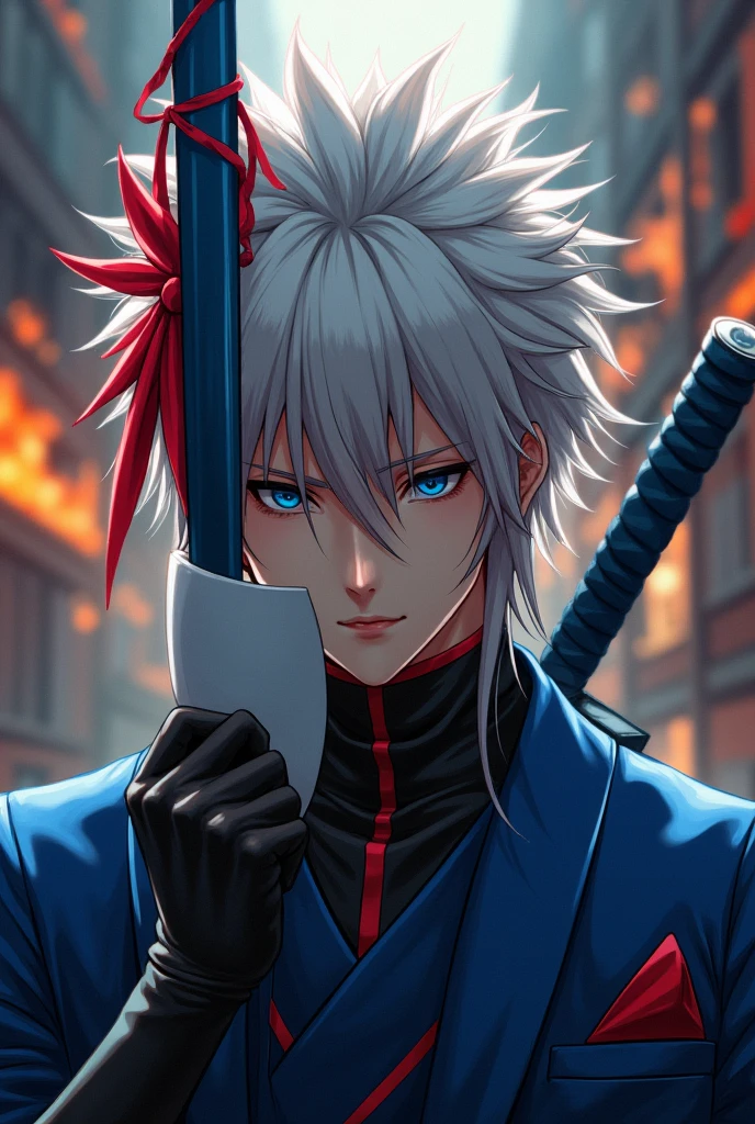 photo,real photo,bokeh, lens flare, atmospheric perspective,blurry background,Kenja Ashura a handsome fighter with a Souji Okita style quiff, long white and red hair, blue styles of the Kaju number 8 suit with blue eyes, sad and greasy personality colored shoes with a blue katana version of Kenja Ashura that looks bad and dangerous with a background of a burning building with a smile and a white mask 